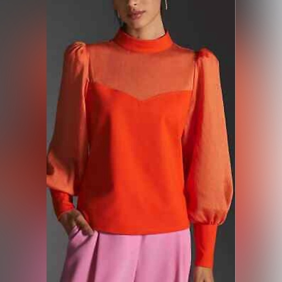 Anthropologie Tops - Anthropologie Flat White Orange Bishop Sleeve Blouse Size Medium